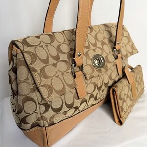 Coach Signature Collection Shoulder Bag in Beige and Tan with matching wallet